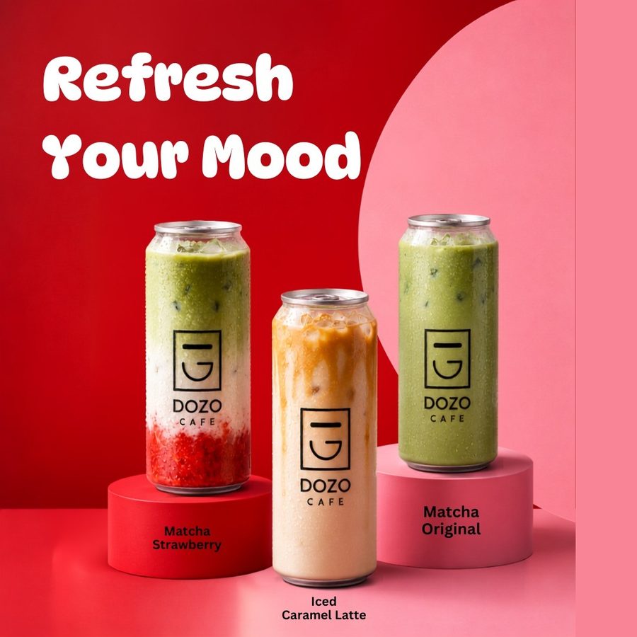 DOZO cans in matcha and iced caramel latte