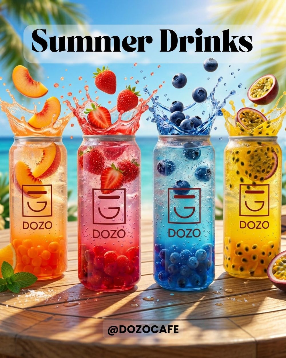 DOZO summer sodas in peach, strawberry, blueberry and passion fruit