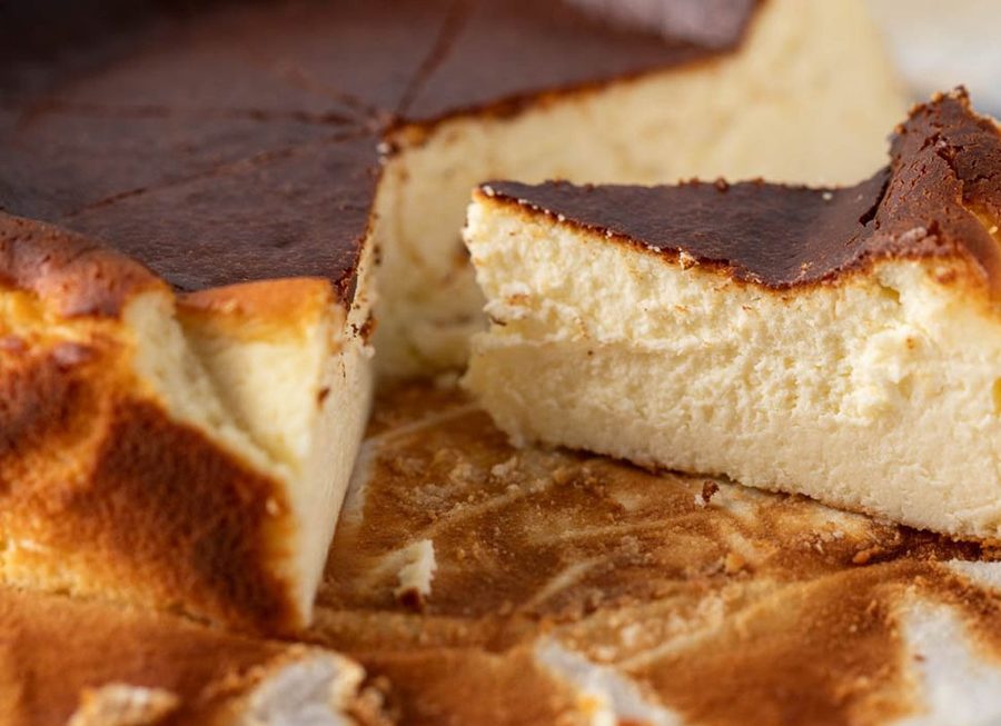 A cut San Sebastian burnt basque cheesecake